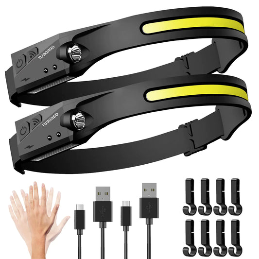 TUBORGO Headlamp Rechargeable 2PCS 230° Wide Beam Head Lamp LED with Motion Sensor for Adults - Camping Accessories Gear Waterproof Head Light Flashlight for Hiking Running