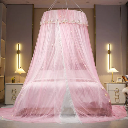 VETHIN Princess Bed Canopy for Girls Double Layer Sheer Mesh Dome Elegant Embroidery Lace Mosquito Net Bed Curtain for Full Queen King Bed with led Stars String Lights(Pink/White-1)