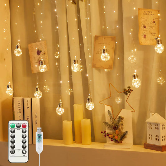 Minetom 185 LED Curtain Fairy Lights - 9.8 FT Wishing Ball Window Hanging Lights with Remote USB Powered Waterproof for Christmas Wedding Bedroom Decoration Warm White