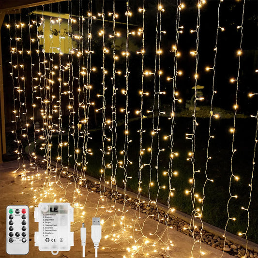 LE Fairy Curtain Lights Battery Operated & USB Plug in Remote 10 x 10 ft Hanging String Lights for Bedroom Wall 300 LED Indoor Outdoor Twinkle Lights for Wedding Party Backdrop Tent Patio Gazebo
